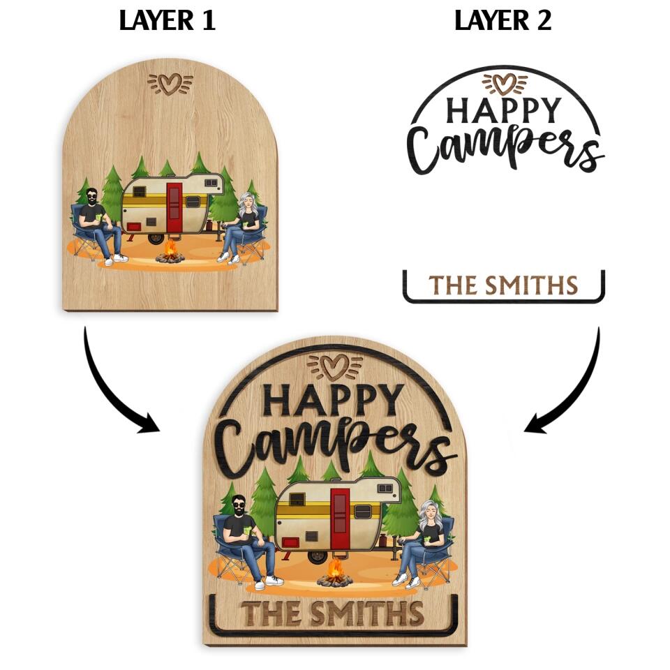 Happy Campers, Custom Welcome Sign - Personalized 2 Layer Sign, Gift For Camping Lover