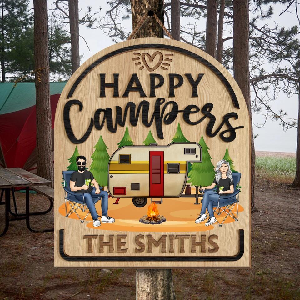 Happy Campers, Custom Welcome Sign - Personalized 2 Layer Sign, Gift For Camping Lover