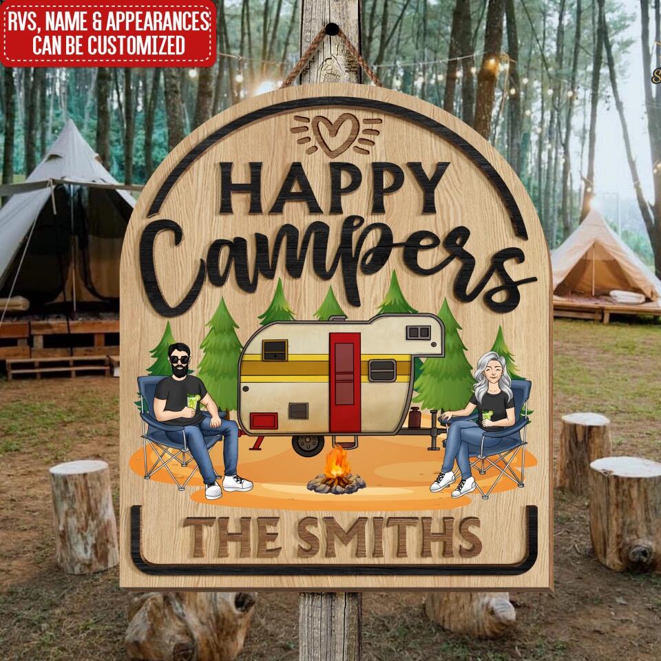 Happy Campers, Custom Welcome Sign - Personalized 2 Layer Sign, Gift For Camping Lover