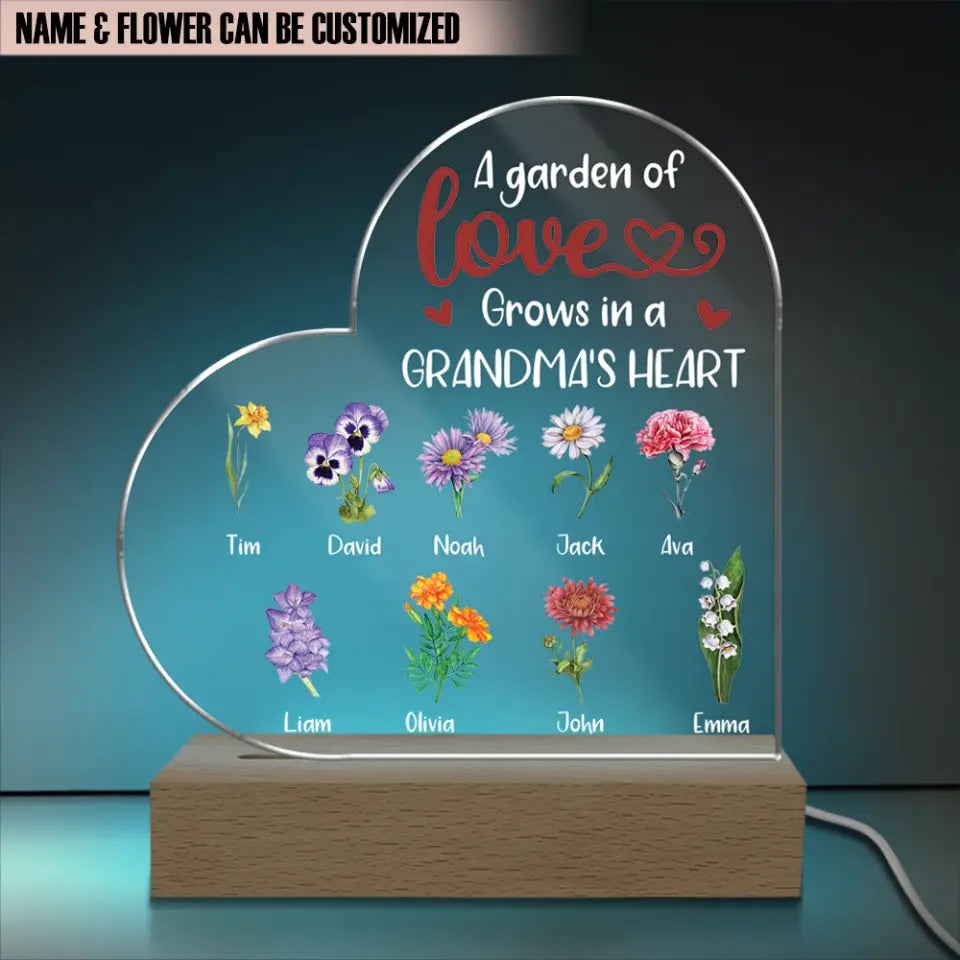 Mother's Day Grandma's Garden - Personalized Heart Shaped Acrylic Night Light, Funny Mother's Day Gift