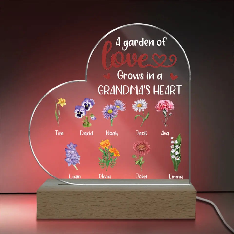 Mother's Day Grandma's Garden - Personalized Heart Shaped Acrylic Night Light, Funny Mother's Day Gift