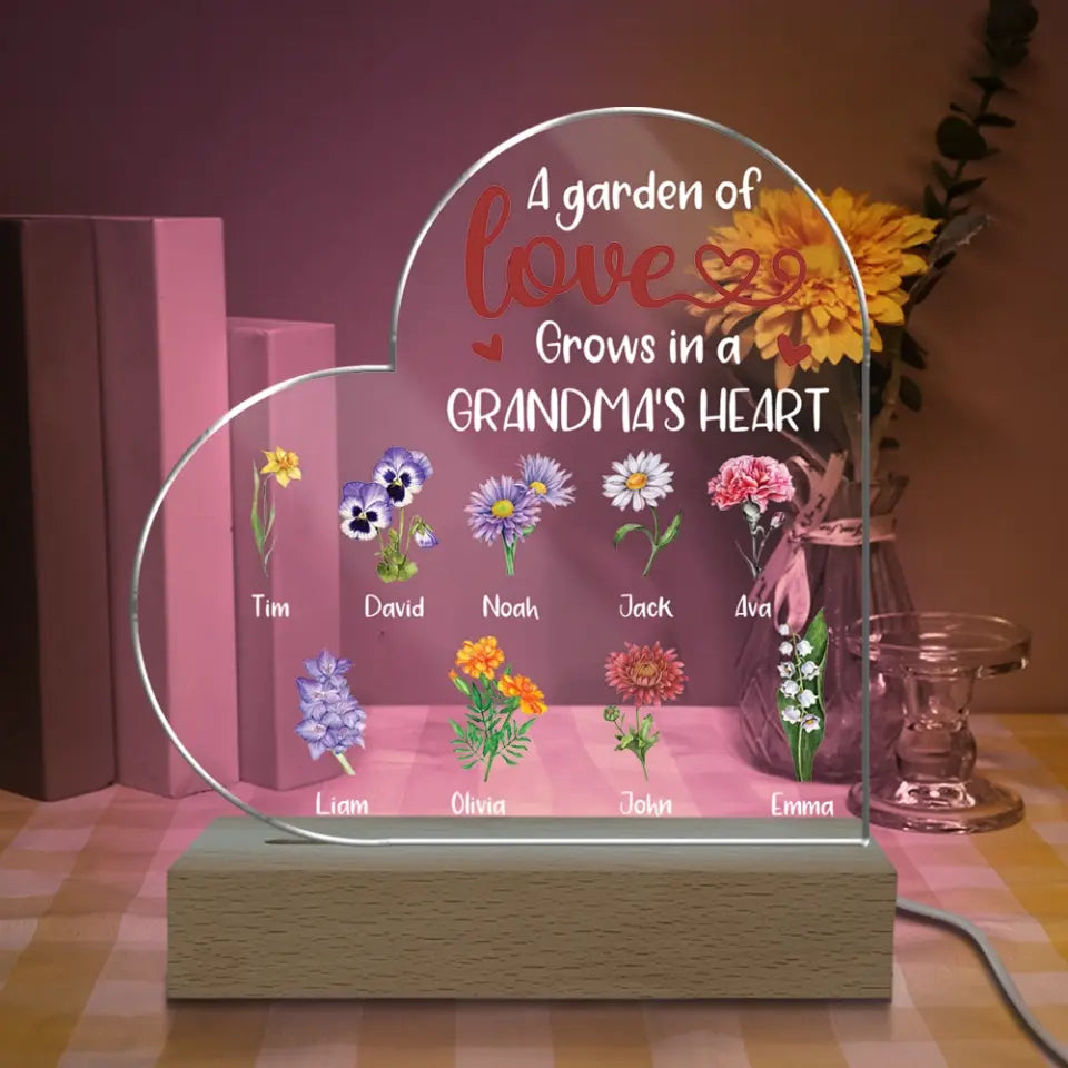 Mother's Day Grandma's Garden - Personalized Heart Shaped Acrylic Night Light, Funny Mother's Day Gift