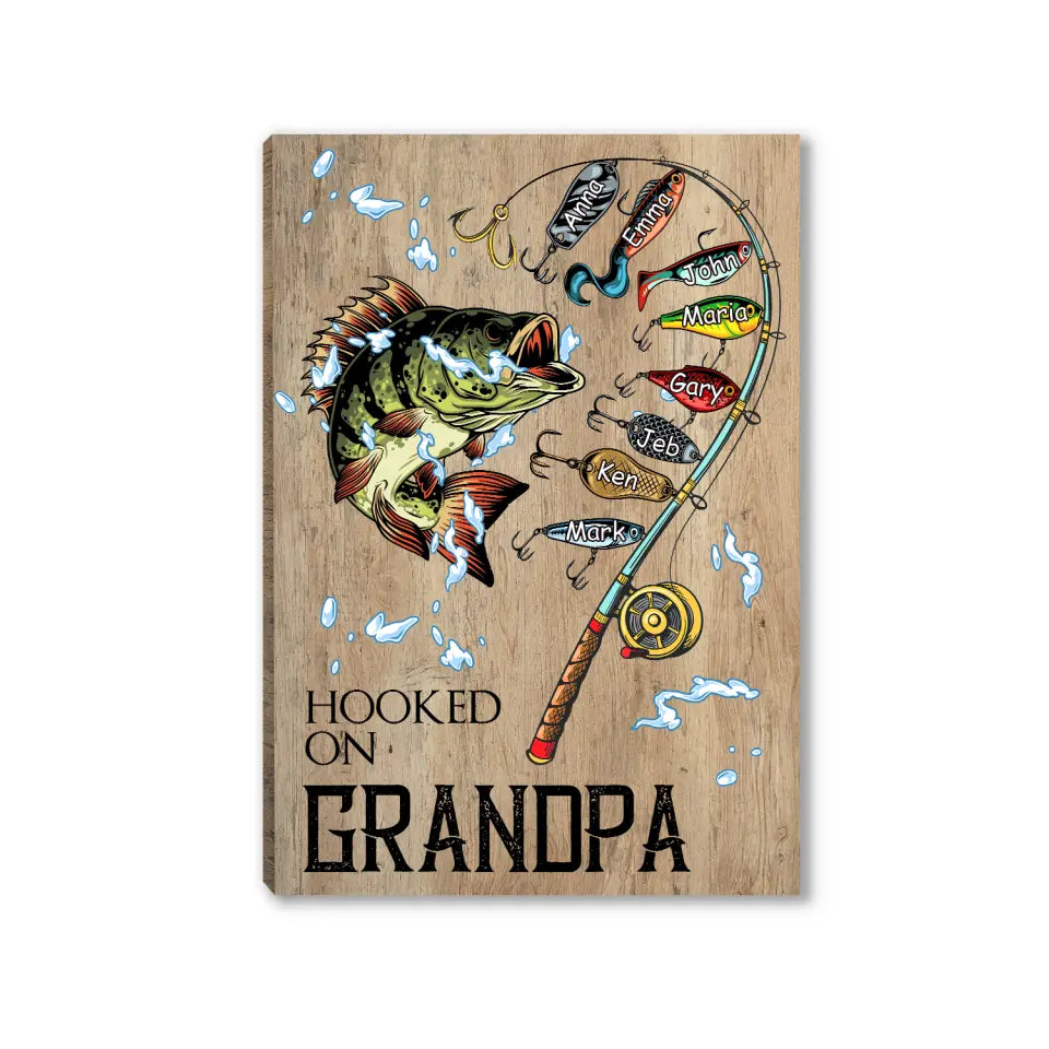 Hooked On Grandpa Fishing With Kids Name - Personalized Canvas, Father's Day Gifts For Grandpa