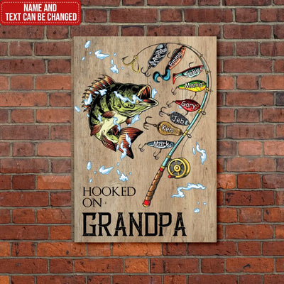 Hooked On Grandpa Fishing With Kids Name - Personalized Canvas, Father's Day Gifts For Grandpa