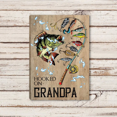 Hooked On Grandpa Fishing With Kids Name - Personalized Canvas, Father's Day Gifts For Grandpa