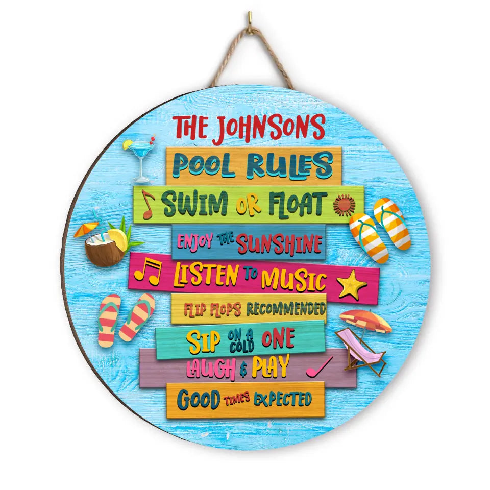 Swimming Pool Rules Sip On Cold One - Custom Round Wood Sign, Pool Decor, Gifts For Family