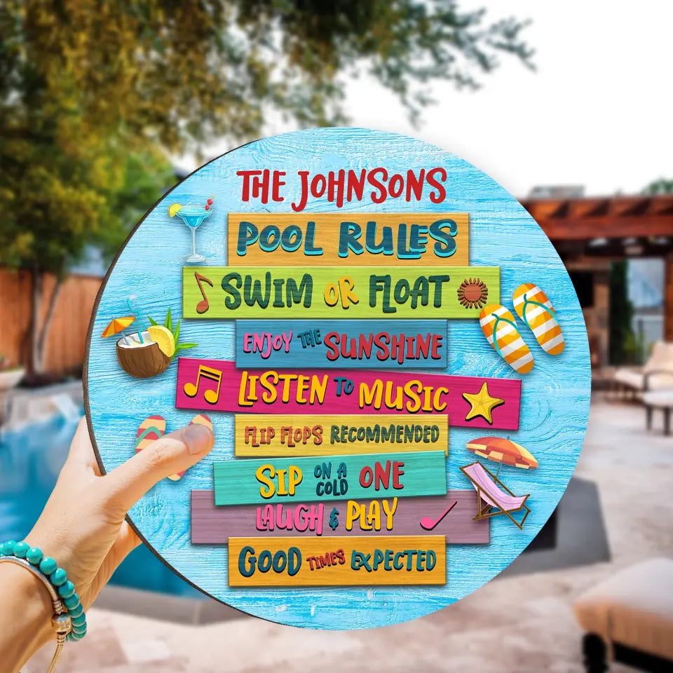Swimming Pool Rules Sip On Cold One - Custom Round Wood Sign, Pool Decor, Gifts For Family