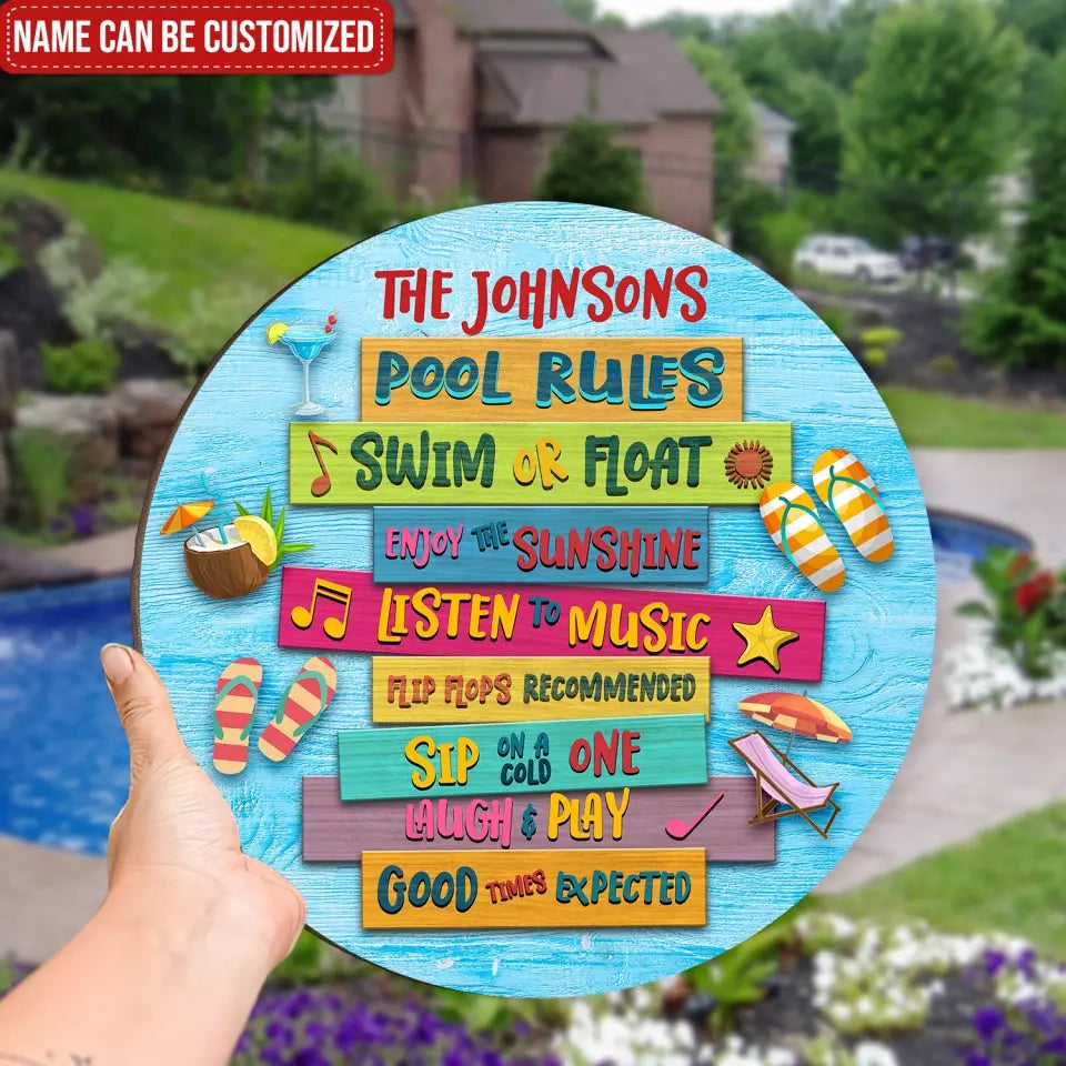 Swimming Pool Rules Sip On Cold One - Custom Round Wood Sign, Pool Decor, Gifts For Family