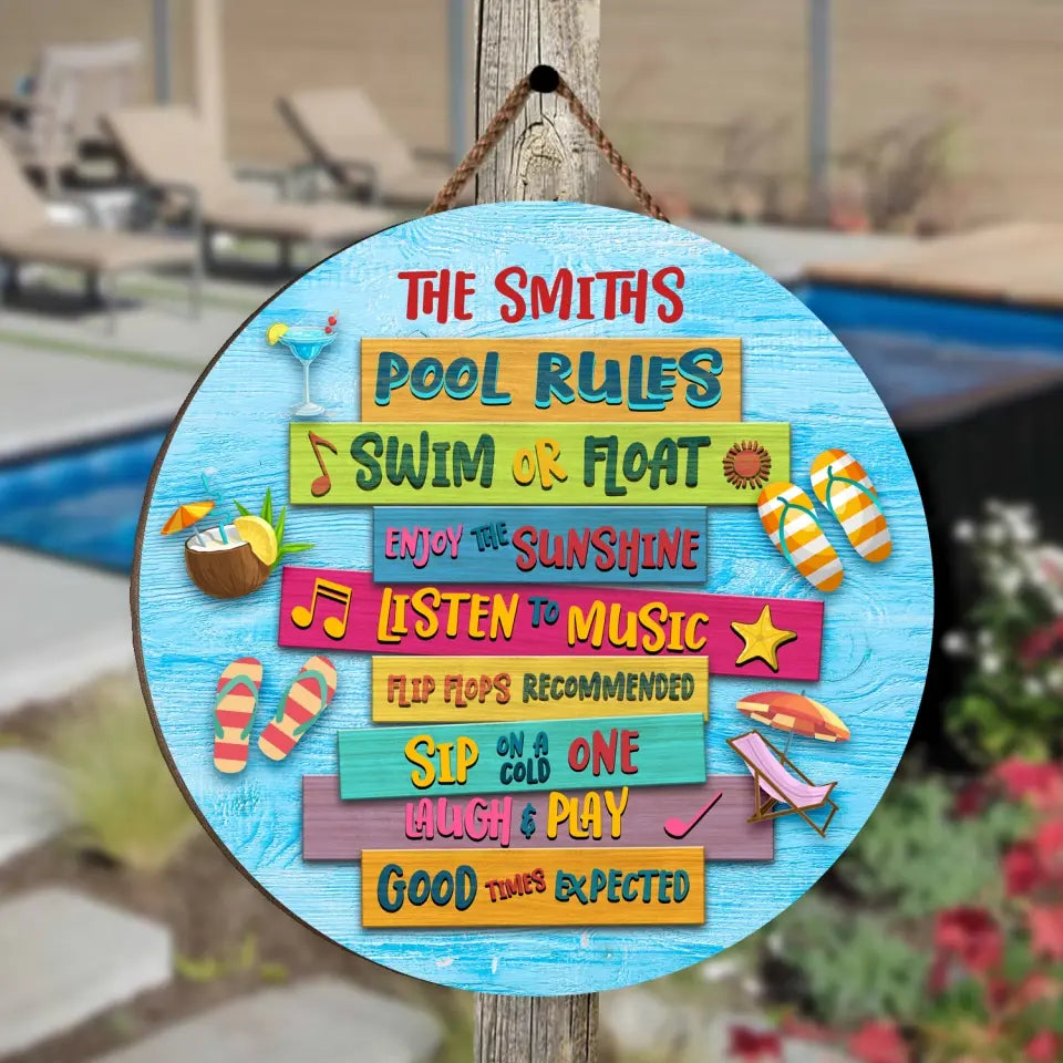 Swimming Pool Rules Sip On Cold One - Custom Round Wood Sign, Pool Decor, Gifts For Family