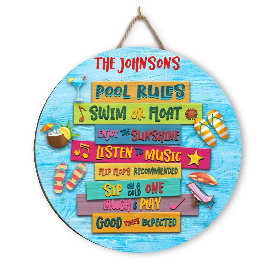Swimming Pool Rules Sip On Cold One - Custom Round Wood Sign, Pool Decor, Gifts For Family