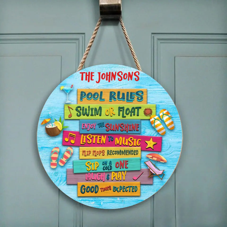 Swimming Pool Rules Sip On Cold One - Custom Round Wood Sign, Pool Decor, Gifts For Family