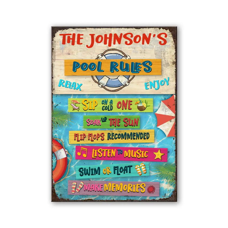 Pool Rules Inspirational Sayings for Swimmers - Personalized Metal Sign, Outdoor Poolside Metal Decor, Family Gifts