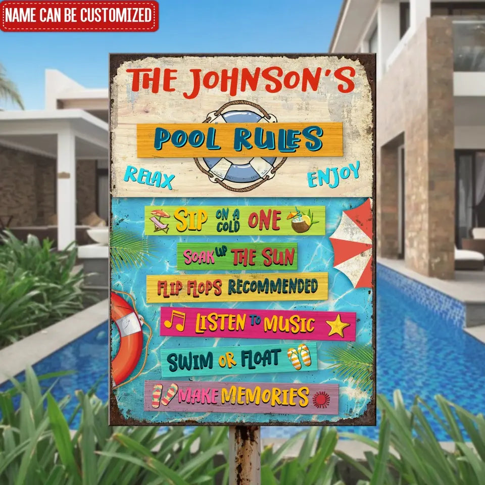 Pool Rules Inspirational Sayings for Swimmers - Personalized Metal Sign, Outdoor Poolside Metal Decor, Family Gifts