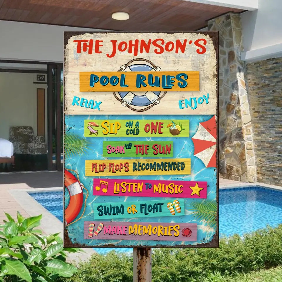 Pool Rules Inspirational Sayings for Swimmers - Personalized Metal Sign, Outdoor Poolside Metal Decor, Family Gifts