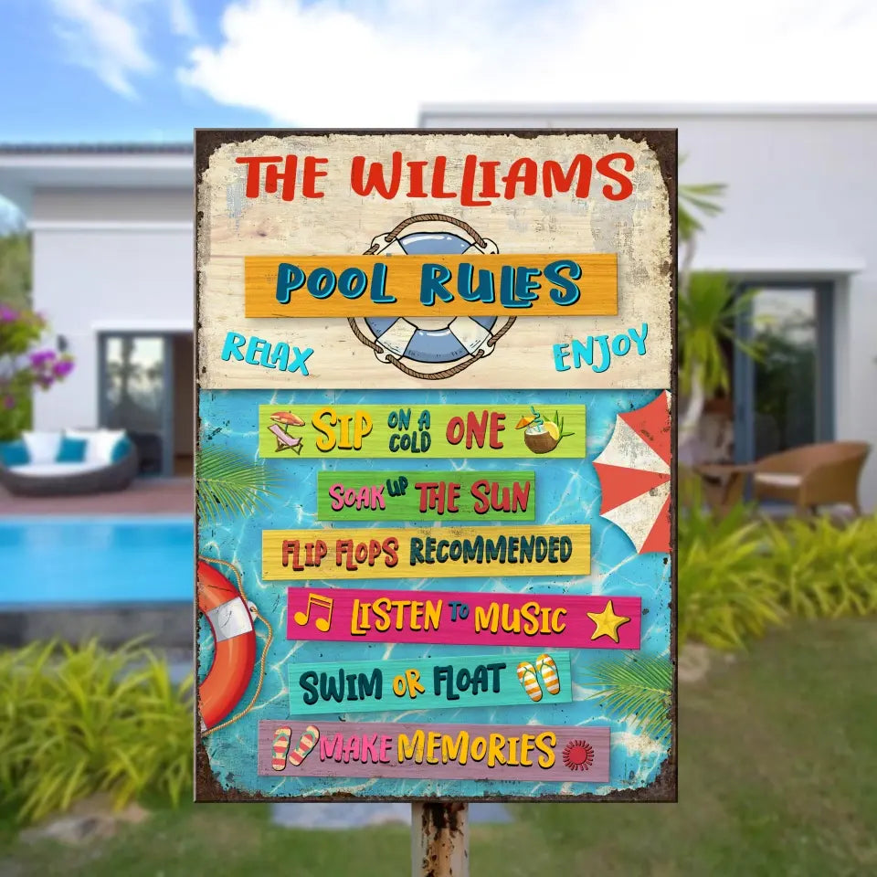 Pool Rules Inspirational Sayings for Swimmers - Personalized Metal Sign, Outdoor Poolside Metal Decor, Family Gifts