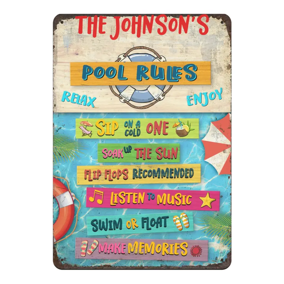 Pool Rules Inspirational Sayings for Swimmers - Personalized Metal Sign, Outdoor Poolside Metal Decor, Family Gifts