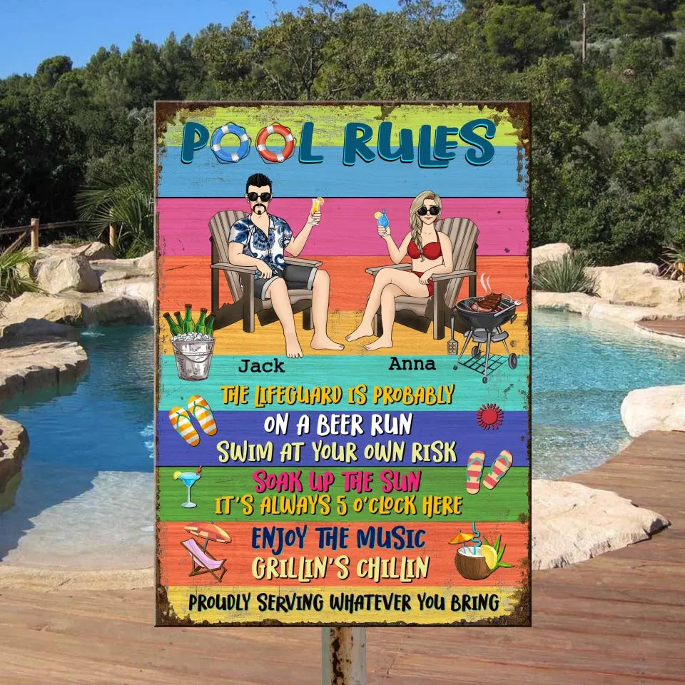 Swimming Pool Rules Couple Pool Sign - Personalized Metal Sign, Summer Backyard Decor Gifts For Couple Family
