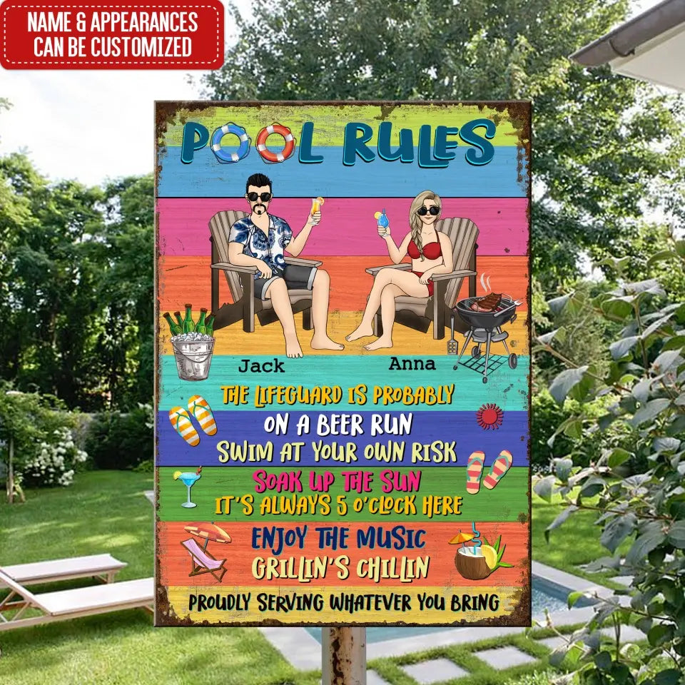 Swimming Pool Rules Couple Pool Sign - Personalized Metal Sign, Summer Backyard Decor Gifts For Couple Family