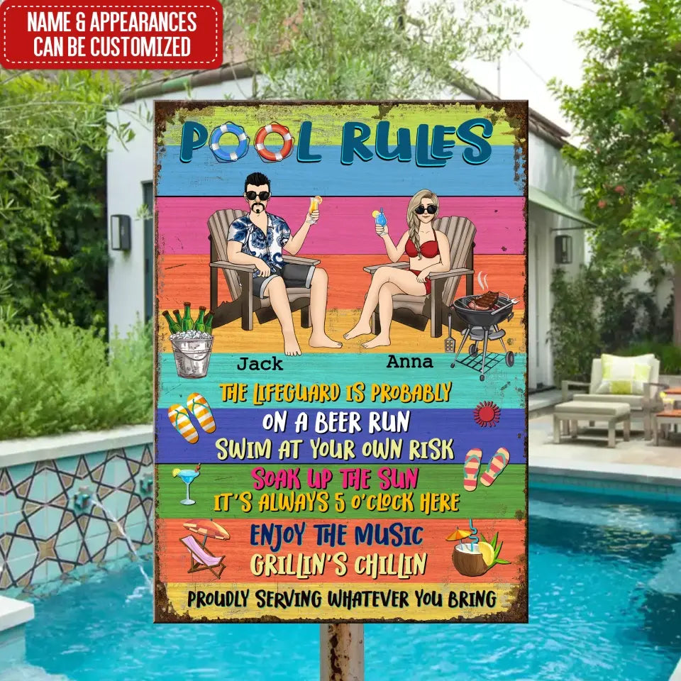 Swimming Pool Rules Couple Pool Sign - Personalized Metal Sign, Summer Backyard Decor Gifts For Couple Family