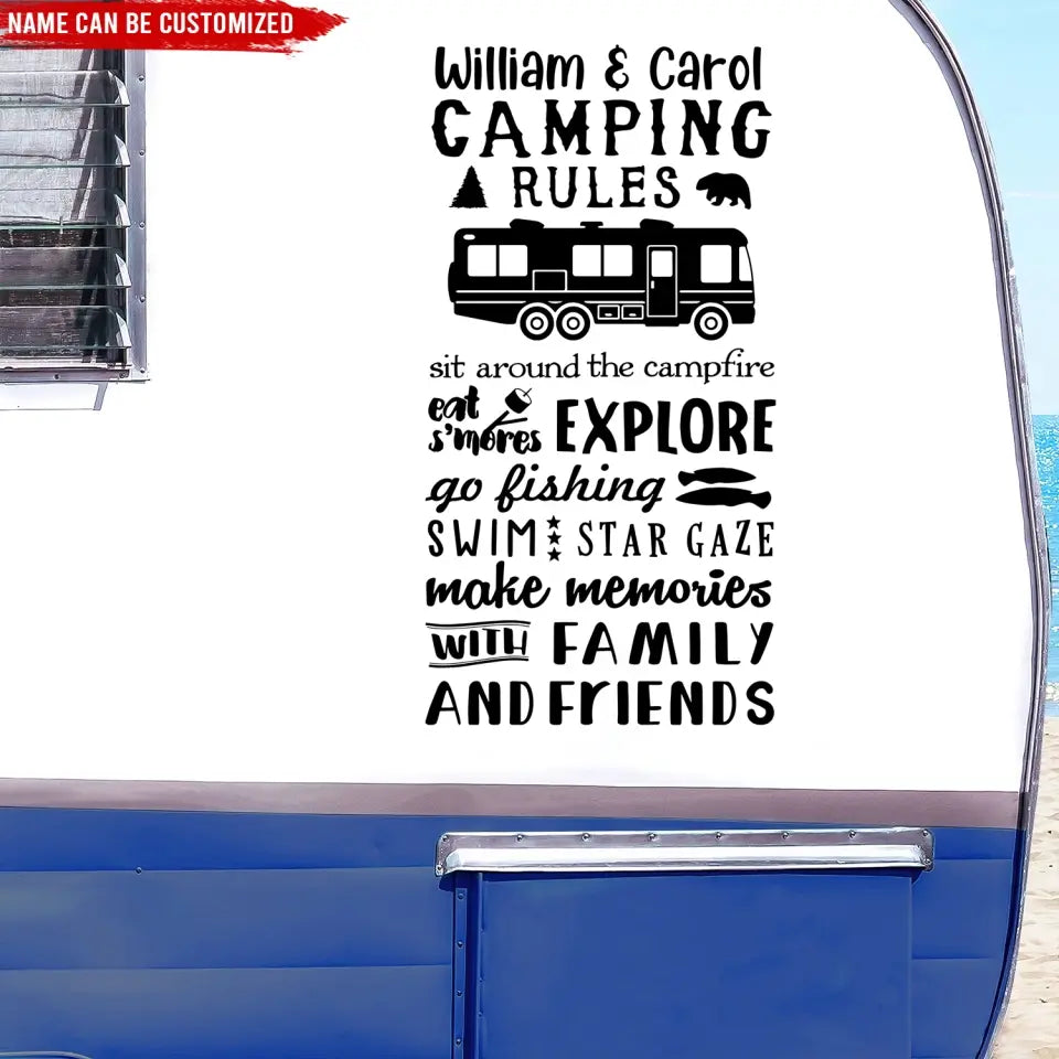 Camping Rules Sit Around The Campfire - Personalized Decal, Camping Decal