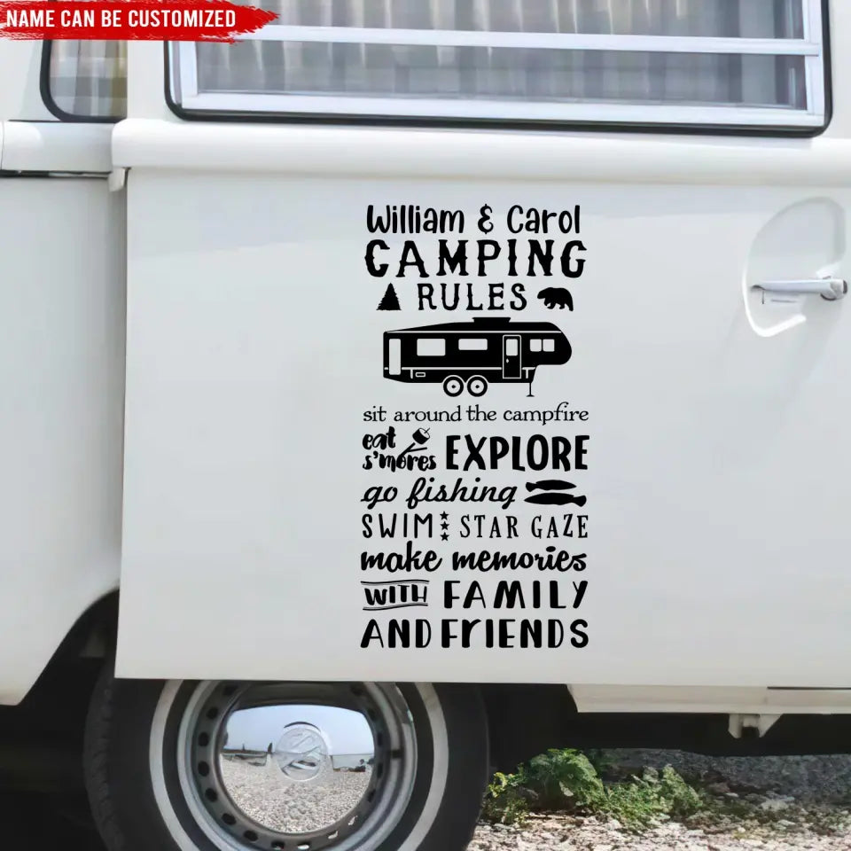 Camping Rules Sit Around The Campfire - Personalized Decal, Camping Decal