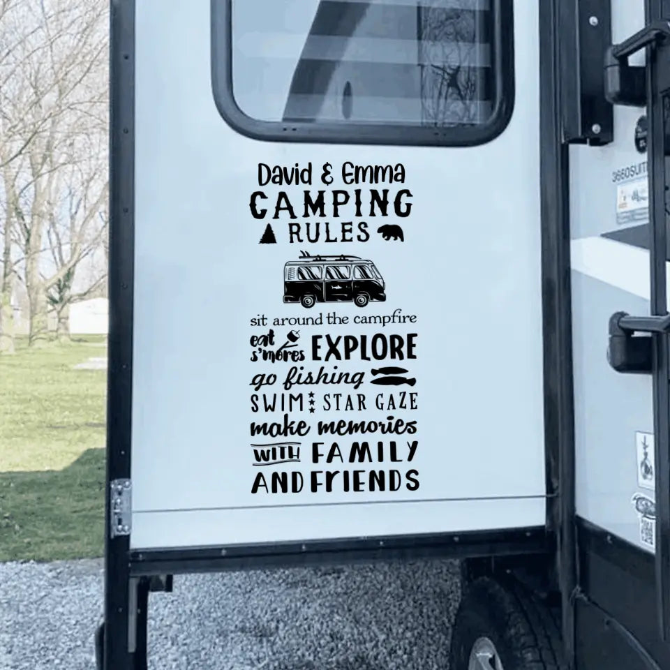 Camping Rules Sit Around The Campfire - Personalized Decal, Camping Decal