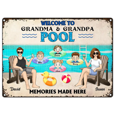 Welcome To Grandparents Pool With Grandkids - Personalized Metal Sign, Summer Gift For Family