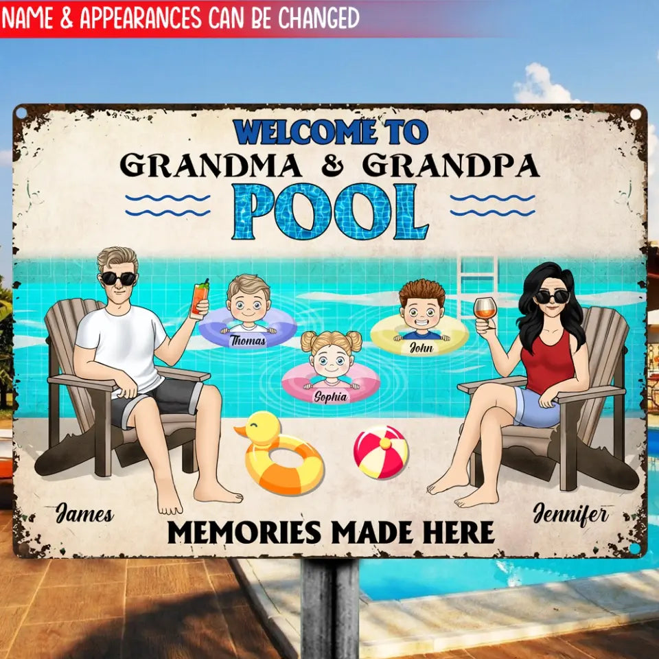 Welcome To Grandparents Pool With Grandkids - Personalized Metal Sign, Summer Gift For Family