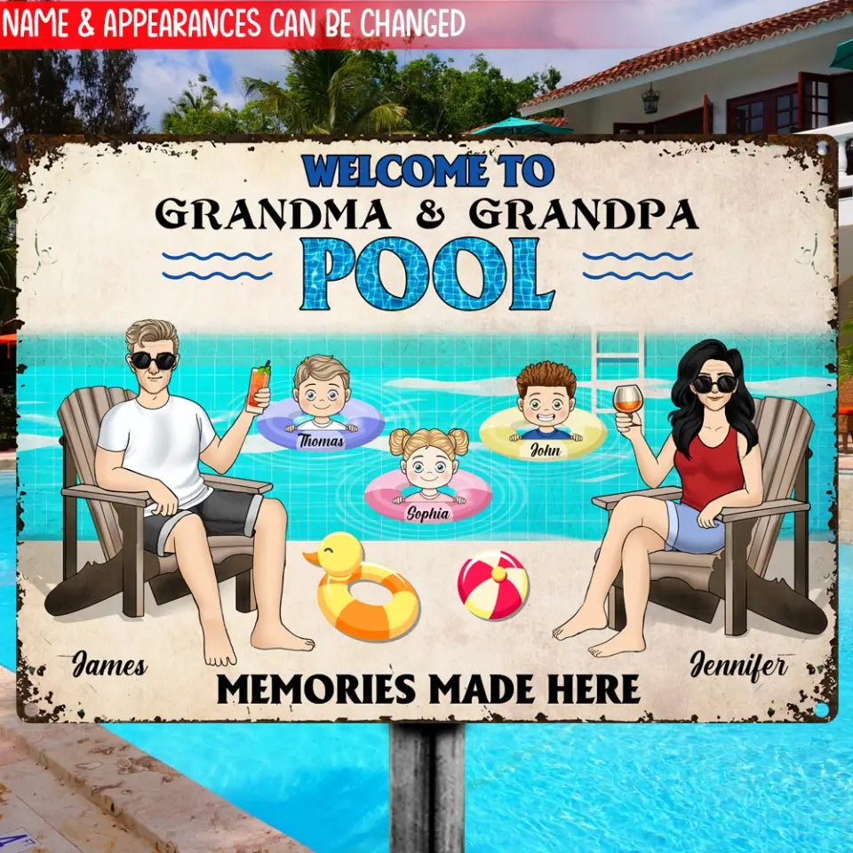 Welcome To Grandparents Pool With Grandkids - Personalized Metal Sign, Summer Gift For Family