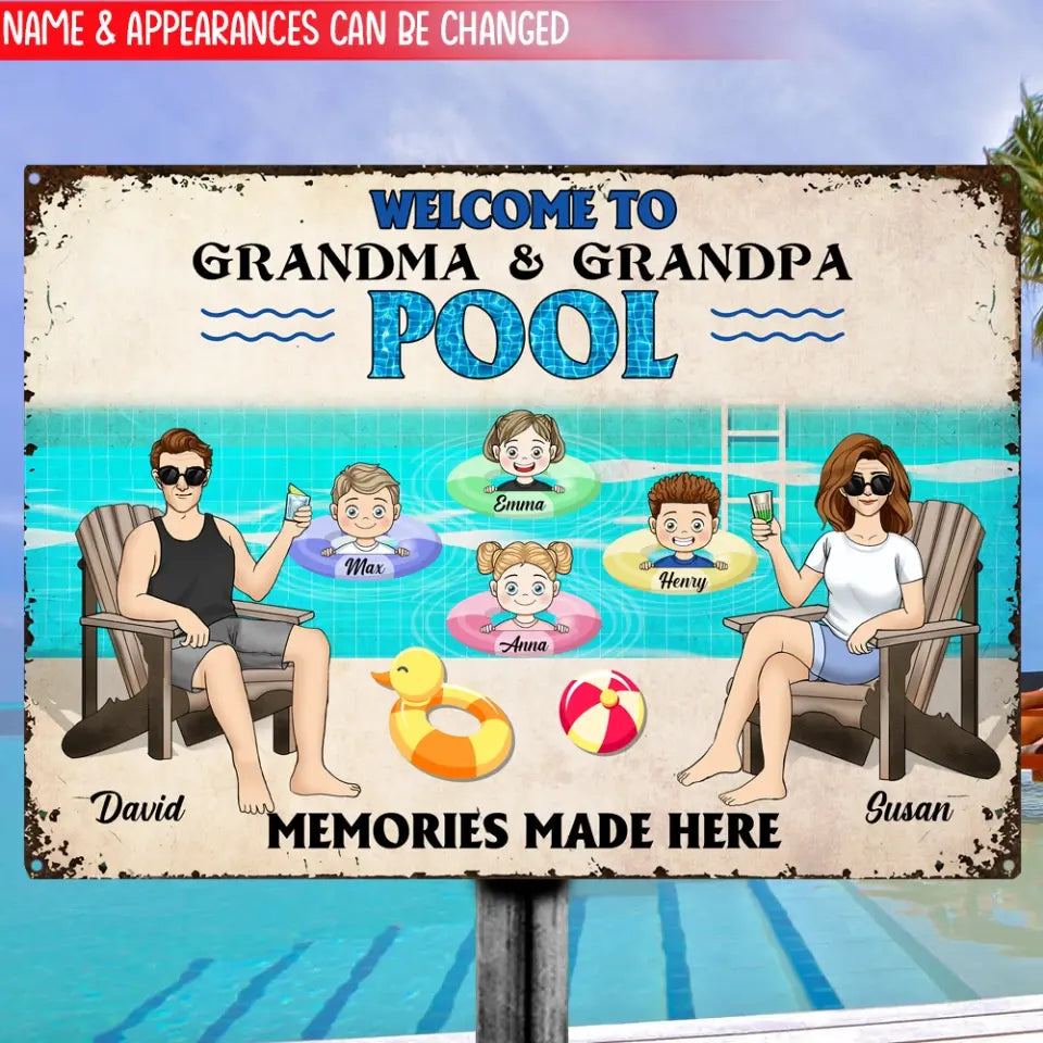 Welcome To Grandparents Pool With Grandkids - Personalized Metal Sign, Summer Gift For Family