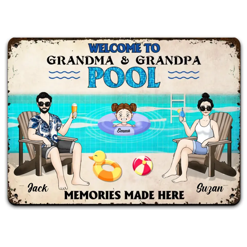 Welcome To Grandparents Pool With Grandkids - Personalized Metal Sign, Summer Gift For Family