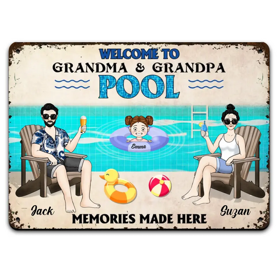 Welcome To Grandparents Pool With Grandkids - Personalized Metal Sign, Summer Gift For Family