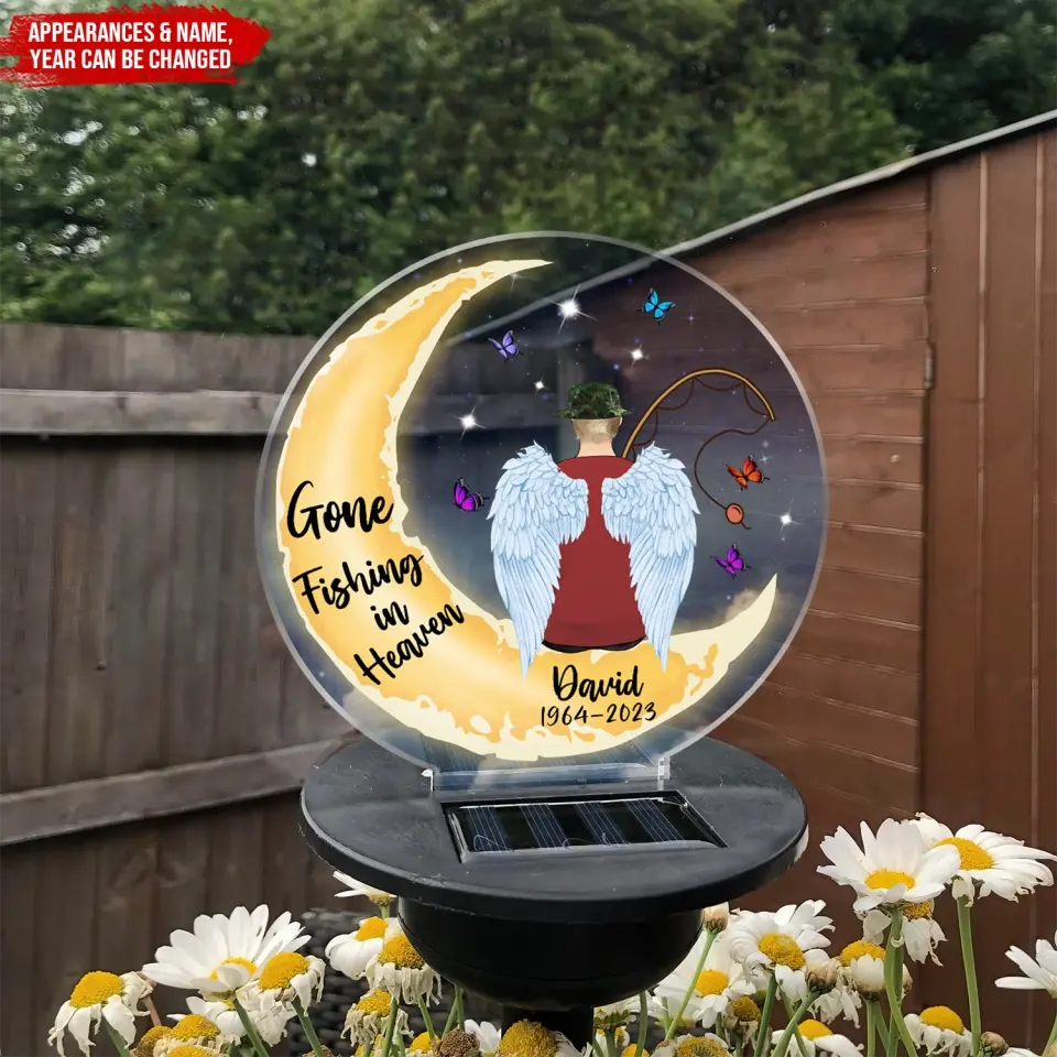 Someone We Love Is Fishing In Heaven Moon - Personalized Solar Light, Memorial Gift For Dad/Husband