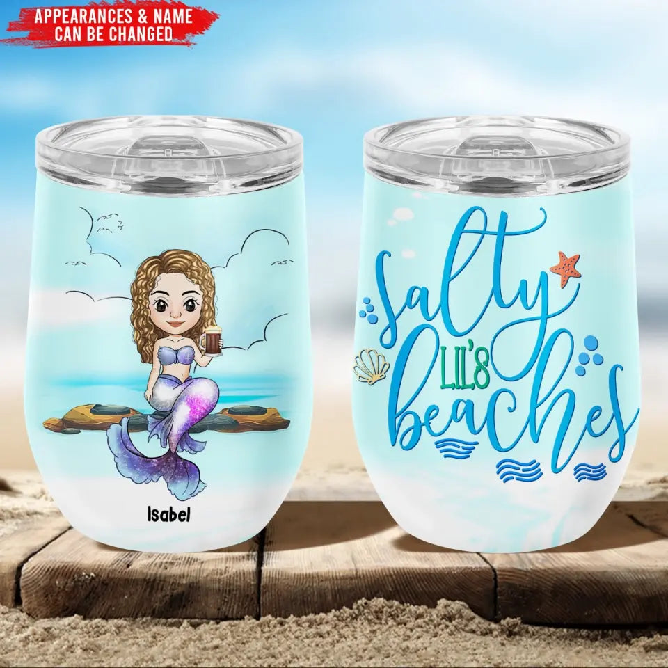 Salty Lil' Beach - Personalized Wine Tumbler, Mermaid Wine Tumbler