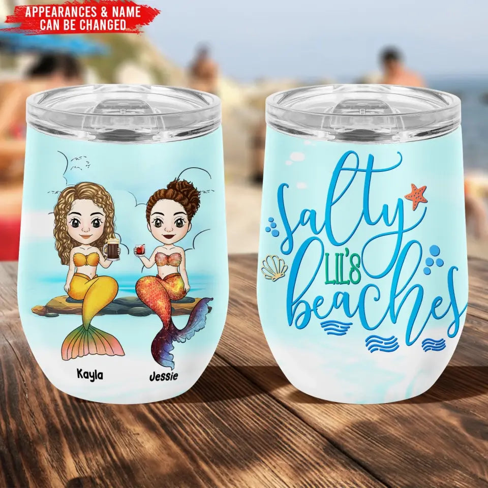 Salty Lil' Beach - Personalized Wine Tumbler, Mermaid Wine Tumbler