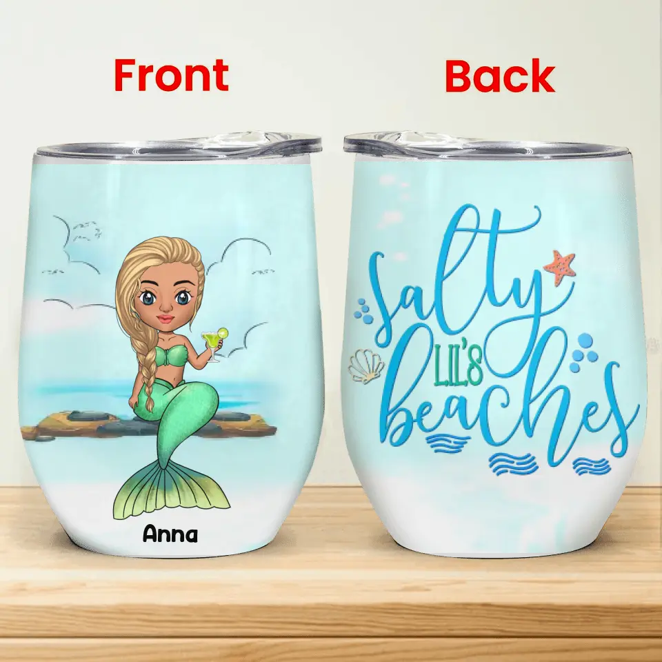 Salty Lil' Beach - Personalized Wine Tumbler, Mermaid Wine Tumbler