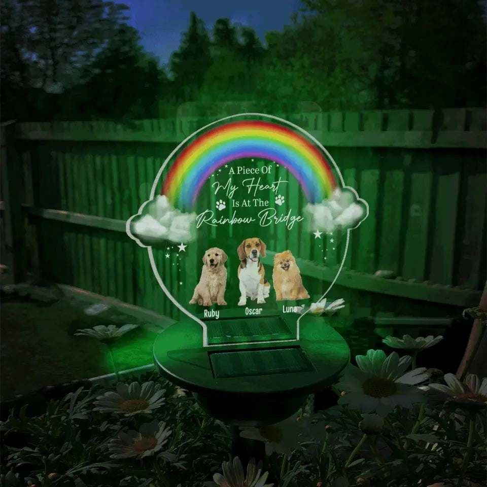 A Piece Of Our Heart Is At The Rainbow Bridge - Personalized Solar Light, Gift For Dog Lover