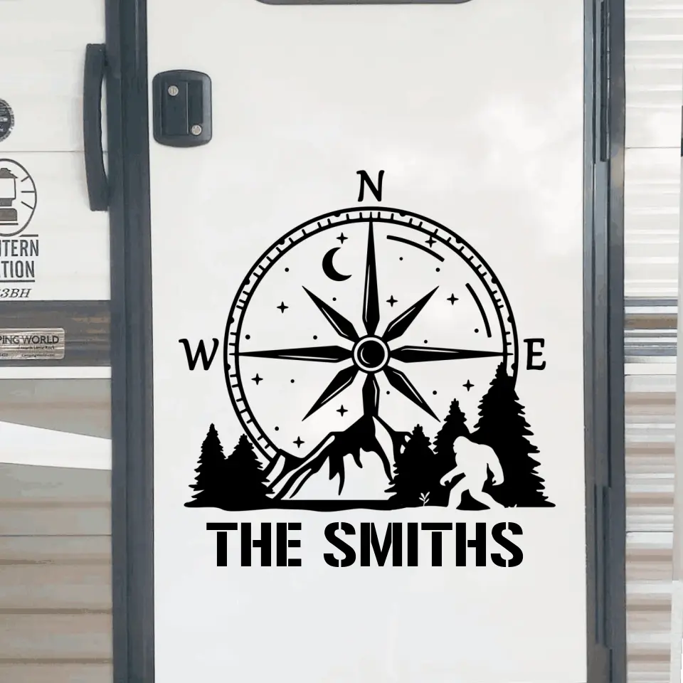 Bigfoot Compass Mountain - Personalized Decal, Personalized Family Name, Camping Lovers