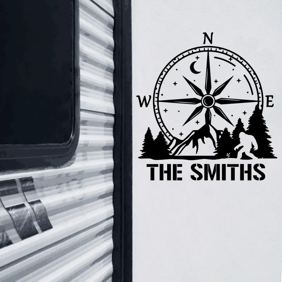 Bigfoot Compass Mountain - Personalized Decal, Personalized Family Name, Camping Lovers