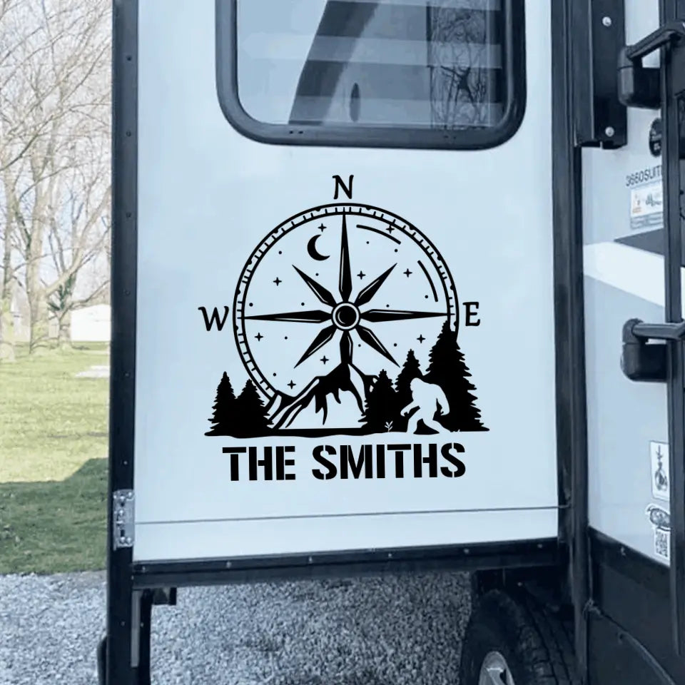 Bigfoot Compass Mountain - Personalized Decal, Personalized Family Name, Camping Lovers