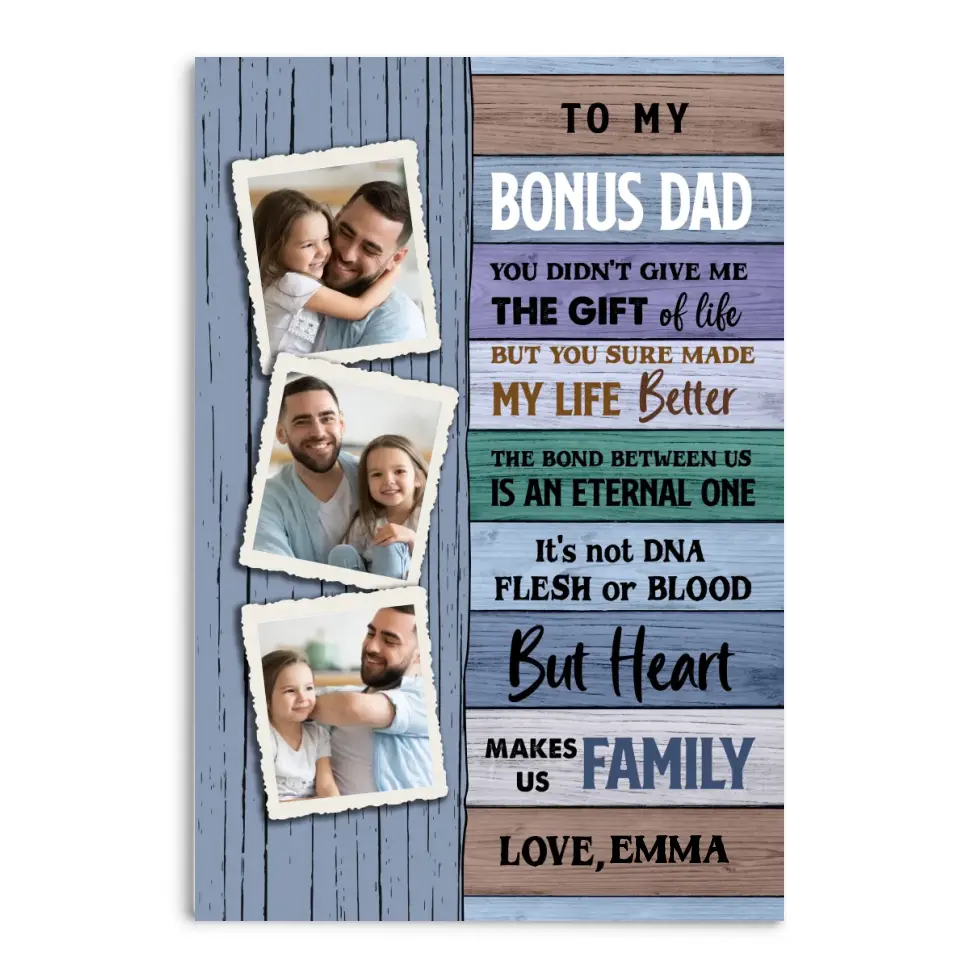 To My Bonus Dad Heart Makes Us Family - Personalized Canvas, Father's Day Gifts For Step Dad, Bonus Dad