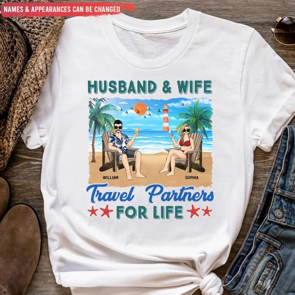 Husband And Wife Travel Partners For Life - Personalized T-Shirt, Summer Travel Gift, Couple Gift