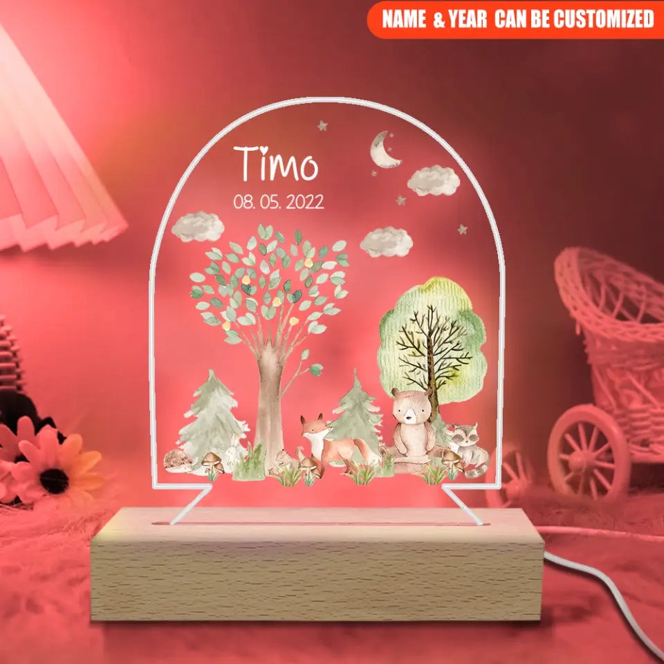 Wildlife Woodland Baby Bear - Personalized Acrylic Night Light, Birthday Gift for Daughter Son