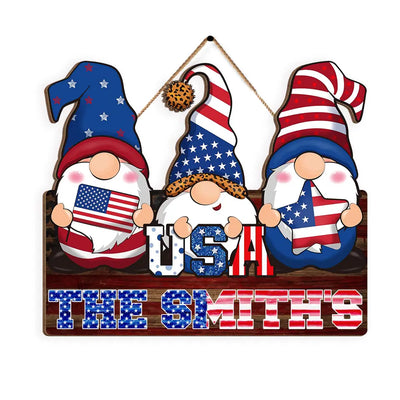 4th Of July Gnomes USA - Personalized Wood Sign, Independence Day Rustic Wooden Plaque With Rope