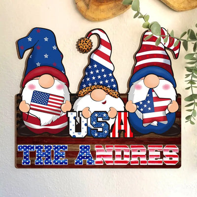 4th Of July Gnomes USA - Personalized Wood Sign, Independence Day Rustic Wooden Plaque With Rope