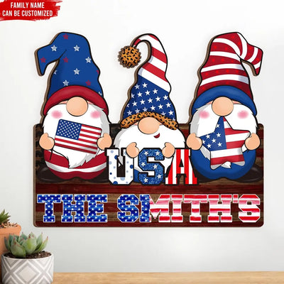 4th Of July Gnomes USA - Personalized Wood Sign, Independence Day Rustic Wooden Plaque With Rope