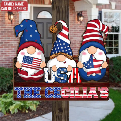 4th Of July Gnomes USA - Personalized Wood Sign, Independence Day Rustic Wooden Plaque With Rope