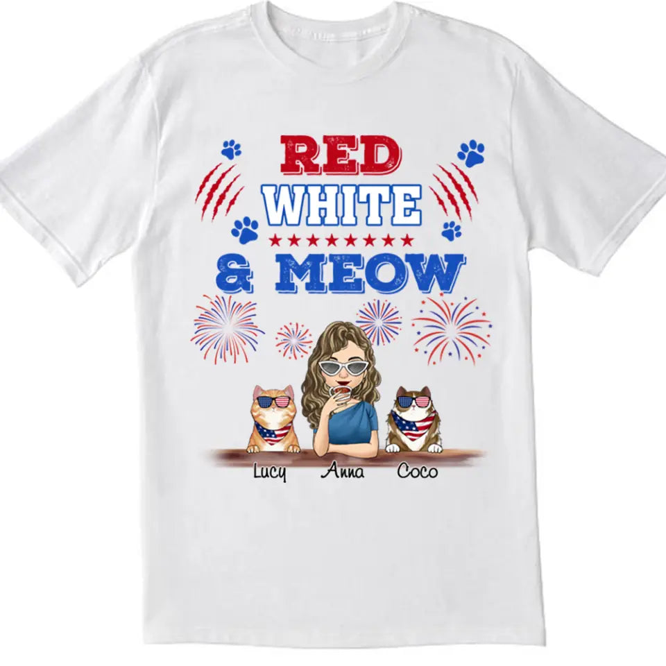 Cat Red White &amp; Meow 4th Of July - Personalized T-shirt, Independence Day gift For Cat Mom Cat Lovers