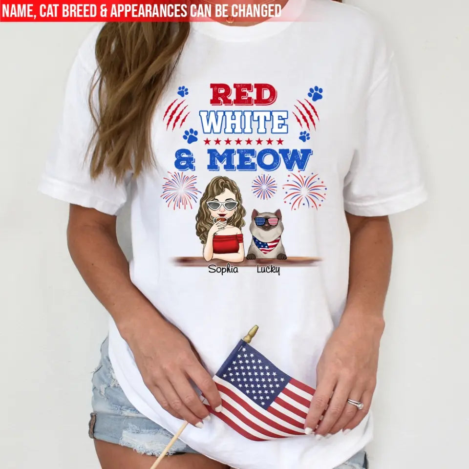 Cat Red White & Meow 4th Of July - Personalized T-shirt, Independence Day gift For Cat Mom Cat Lovers