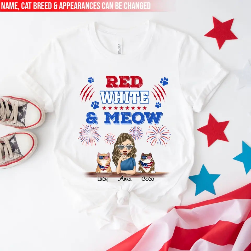 Cat Red White & Meow 4th Of July - Personalized T-shirt, Independence Day gift For Cat Mom Cat Lovers